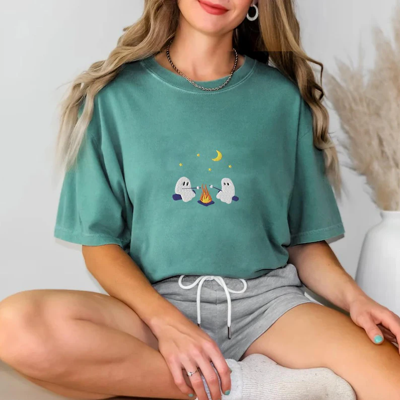 Cute Ghosts Camping Embroidered T-Shirt – Premium Comfort Colors T-Shirt