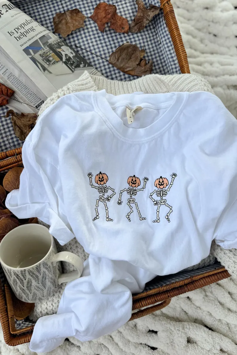 Dancing Skeletons Embroidered T-Shirt – Premium Comfort Colors Crewneck