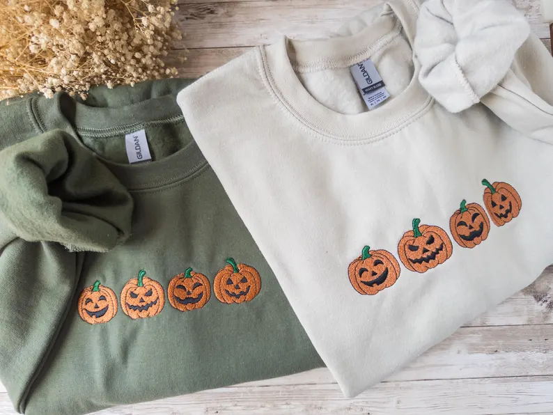 Embroidered Fall Sweatshirt – Spooky Season Jack-o-Lantern Crewneck