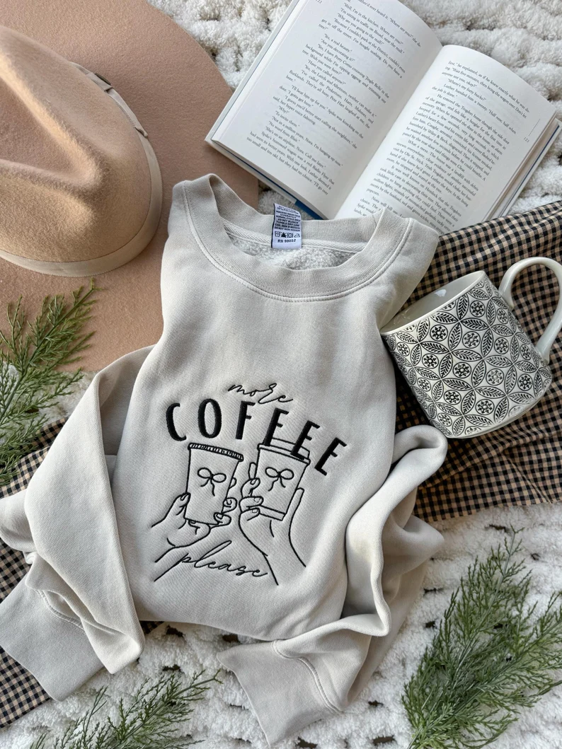 Oversized Coffee Lover Sweatshirt – More Coffee Please Embroidered Crewneck