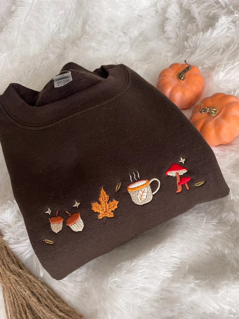 Minimalist Fall Sweatshirt – Embroidered Leaves Crewneck, Gifts for Her