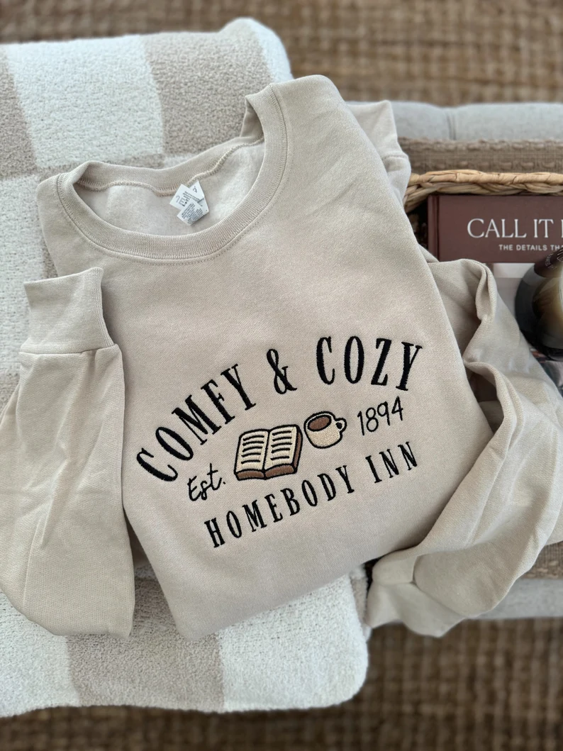 Comfy & Cozy Embroidered Crewneck- Homebody Inn Sweatshirt