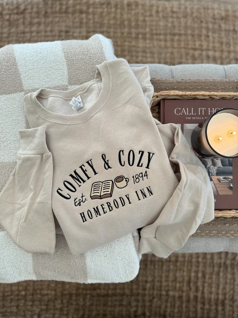Comfy & Cozy Embroidered Crewneck- Homebody Inn Sweatshirt