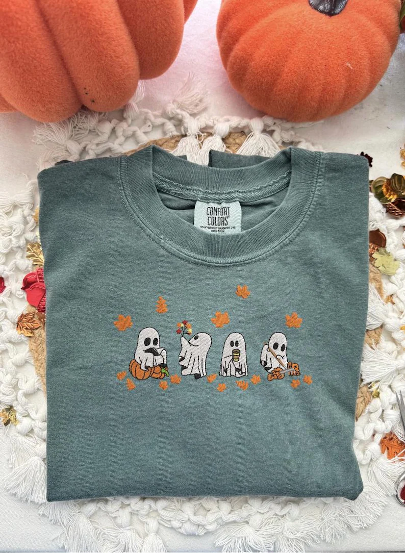 Embroidered Halloween Tee for Ghost Lovers- Boo Ghost Shirt