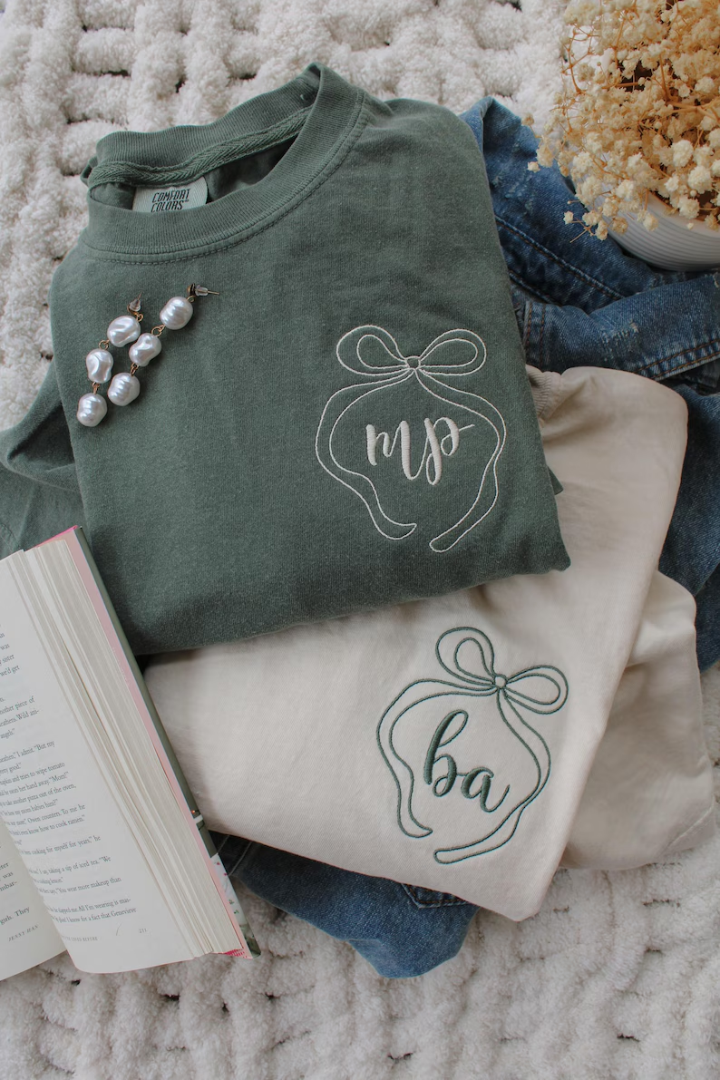 Whimsical Bow Initials Tee – Embroidered Comfort Colors® Shirt