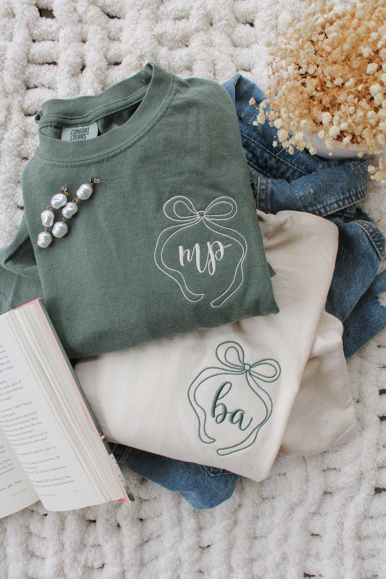 Whimsical Bow Initials Tee – Embroidered Comfort Colors® Shirt