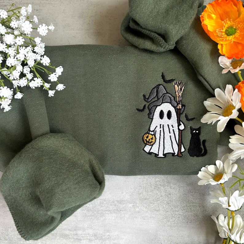 Floral Ghost Halloween Sweatshirt โ Embroidered Spooky Crewneck