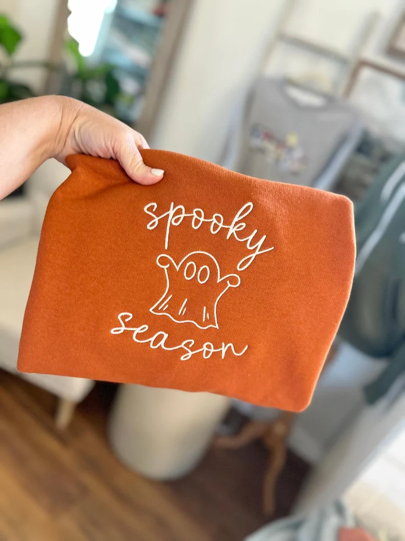 Spooky Season Halloween Sweatshirt – Cute Ghost Embroidered Crewneck