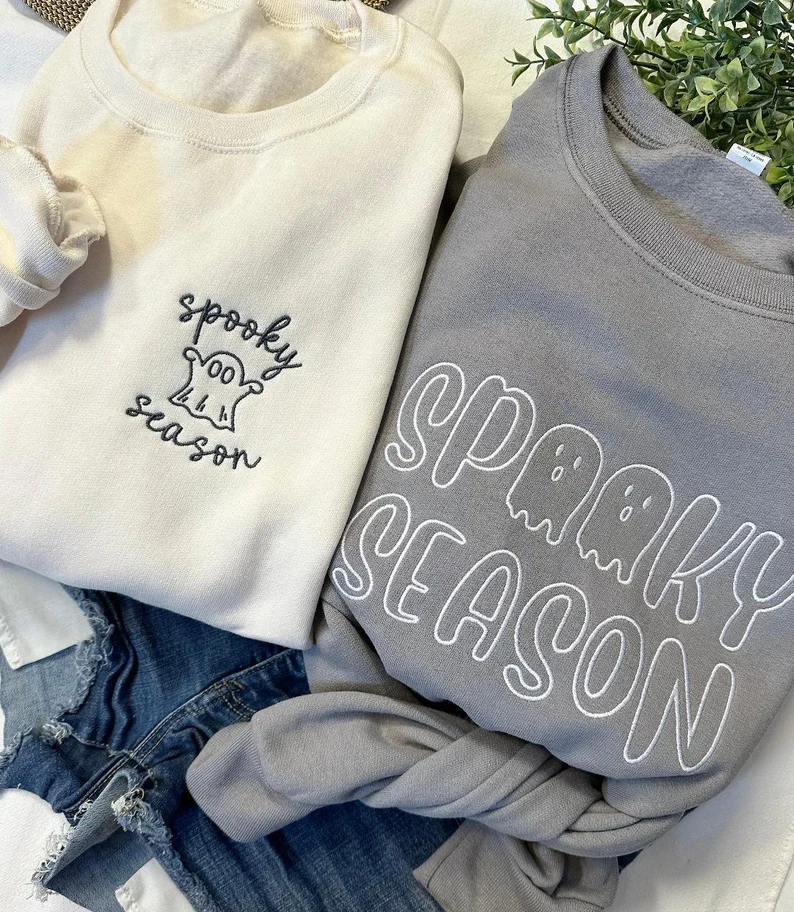 Spooky Season Halloween Sweatshirt – Cute Ghost Embroidered Crewneck