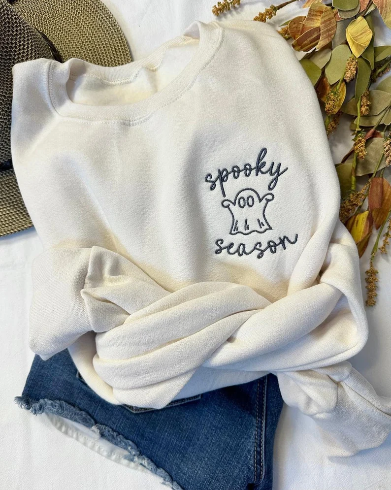 Spooky Season Halloween Sweatshirt – Cute Ghost Embroidered Crewneck