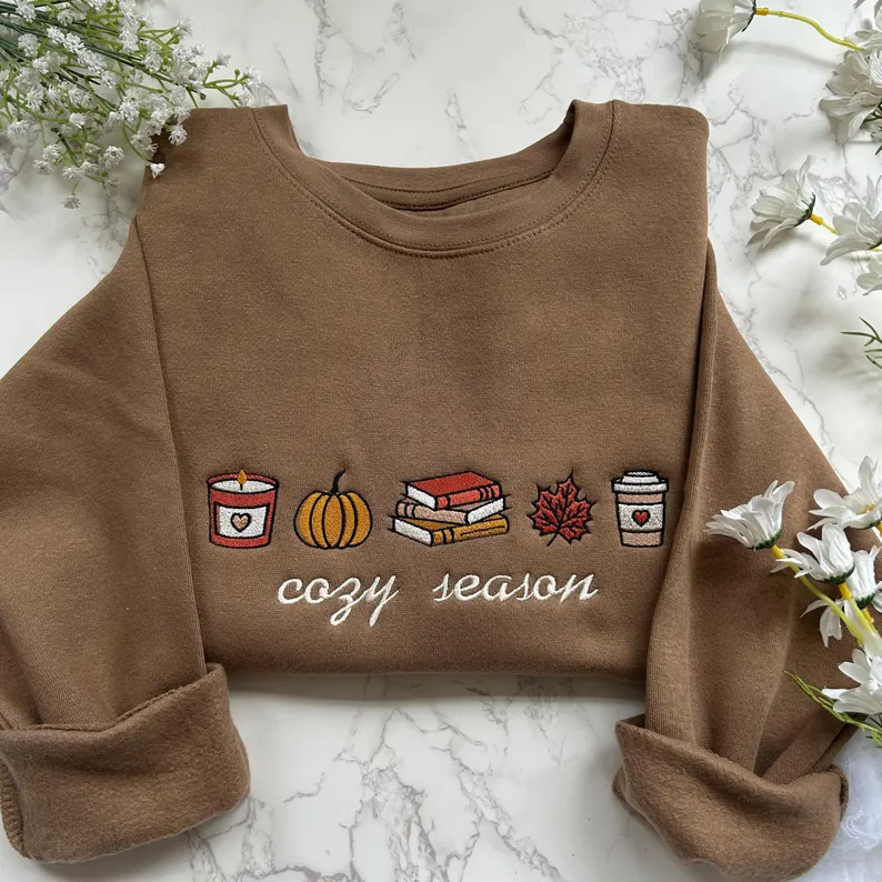 Cozy Autumn Embroidered Pumpkin Sweatshirt- Spooky Season Sweater