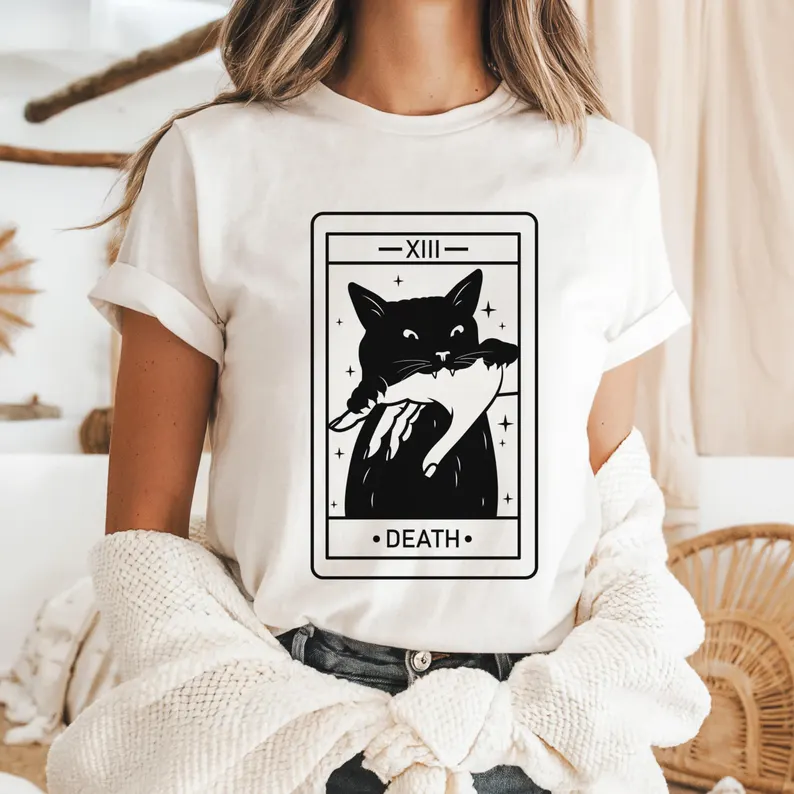 Spooky Black Cat Halloween Tee- Tarot Death T-shirt