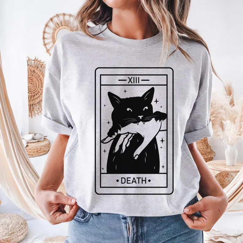 Spooky Black Cat Halloween Tee- Tarot Death T-shirt