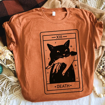 Spooky Black Cat Halloween Tee- Tarot Death T-shirt