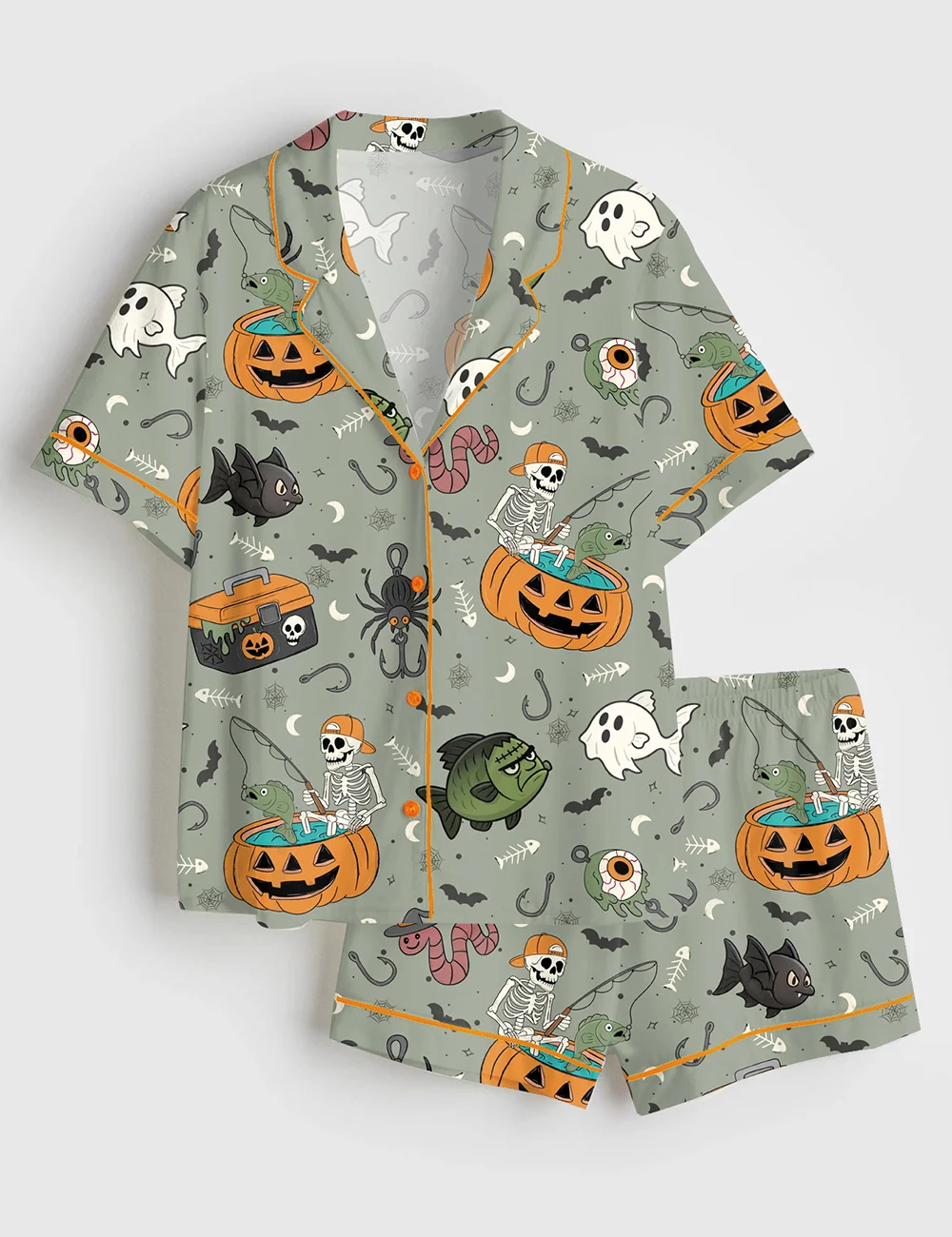 Halloween Fishing Skeleton Pajamas, Women’s Satin Long Sleeve PJ Set