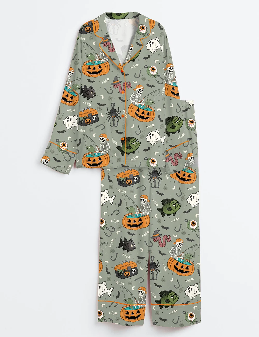 Halloween Fishing Skeleton Pajamas, Women’s Satin Long Sleeve PJ Set