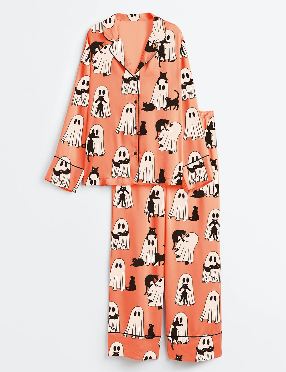 Halloween Ghost Pajama Set – Women’s Retro Ghost Cat Satin PJs
