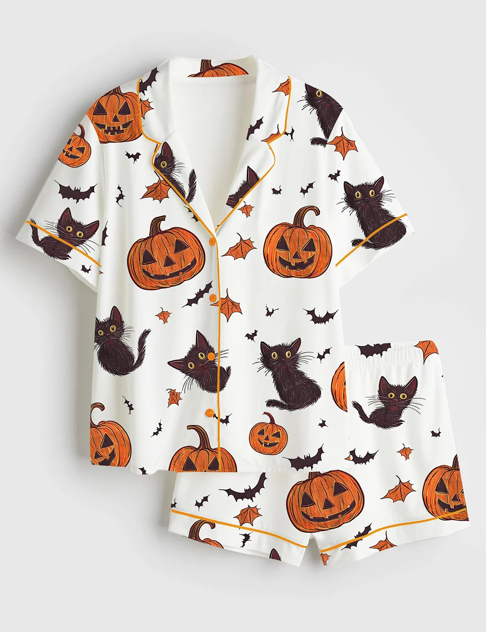 Women’s Satin Pajamas – Halloween Pumpkin Cat Sleepwear