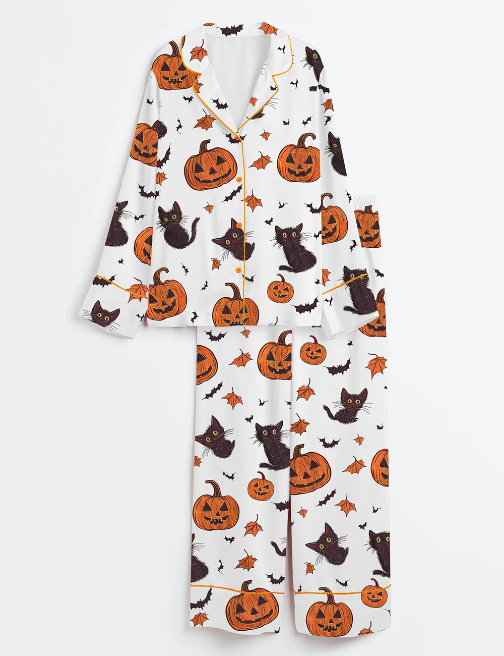 Women’s Satin Pajamas – Halloween Pumpkin Cat Sleepwear