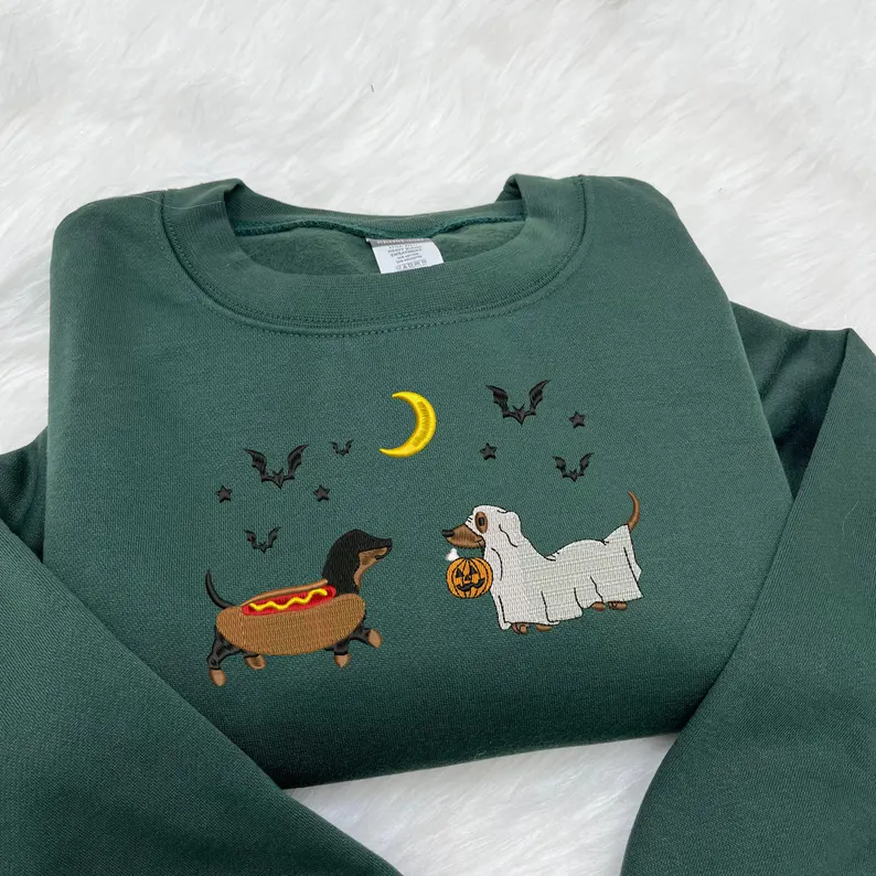 Halloween Dog Sweatshirt – Dachshund Embroidered Pup Crewneck, Spooky Season Shirt