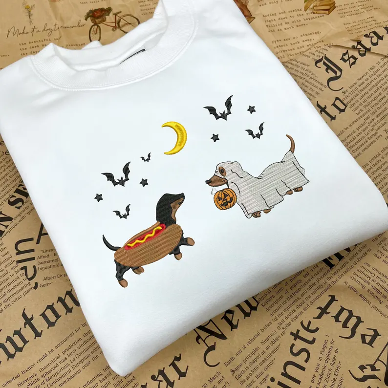 Halloween Dog Sweatshirt – Dachshund Embroidered Pup Crewneck, Spooky Season Shirt