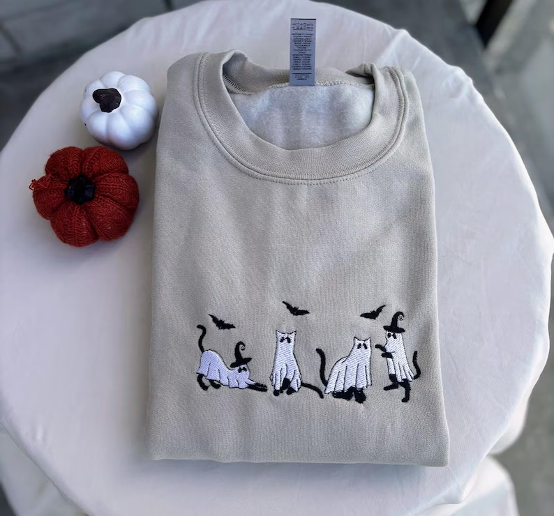 Retro Halloween Sweatshirt – Ghost Cats Embroidered Crewneck, Cozy Fall Sweater