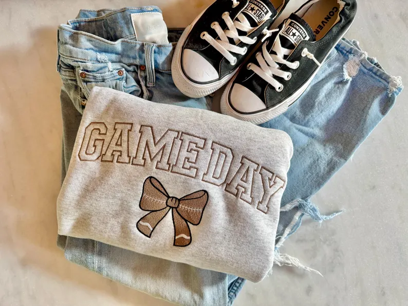 Embroidered Football Bow Sweatshirt ā Cozy Game Day Crewneck