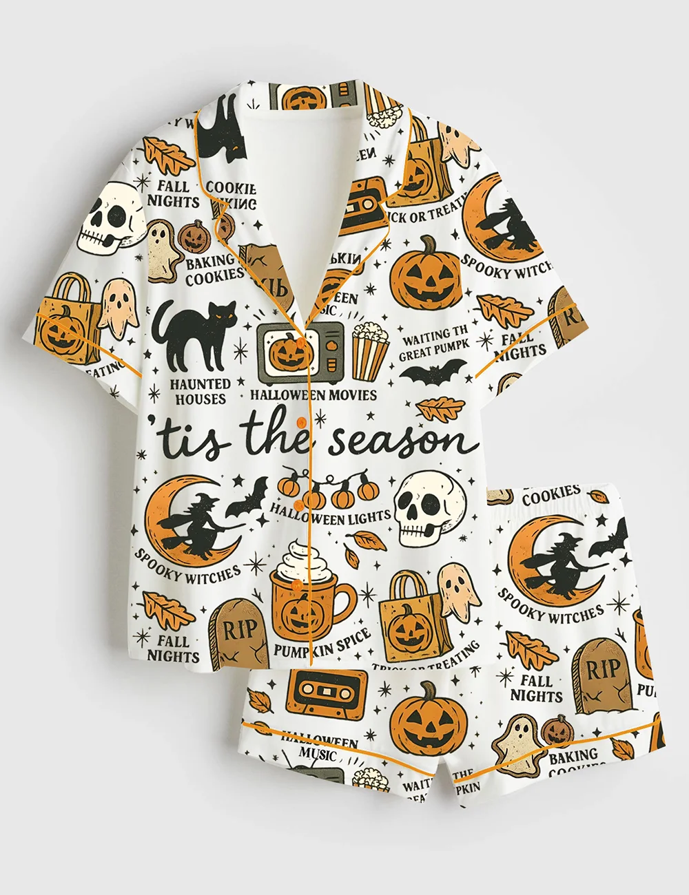 Retro Ghost Pajama Set – Women’s Satin Halloween Sleepwear, Boho Autumn PJs