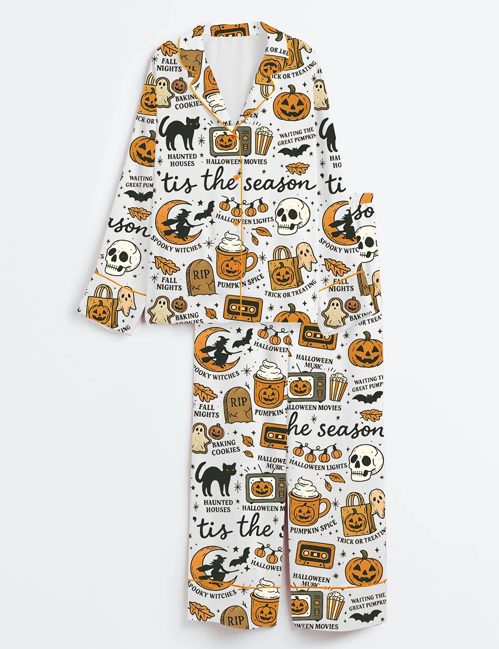 Retro Ghost Pajama Set – Women’s Satin Halloween Sleepwear, Boho Autumn PJs