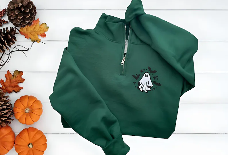 Spooky Season Sweatshirt – Embroidered Ghost Halloween Shirt (1/4 Zip)