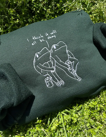 Frog Embroidered Self-Care Sweatshirt – “I Think It Will All Be Okay” Retro Crewneck