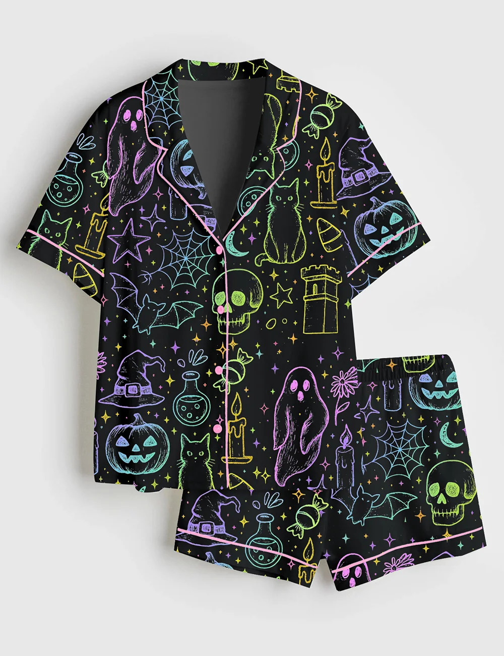 Women’s Halloween Neon Boo Ghost Pajama Set-Coquette Spooky Season Horror Movie Horror Night
