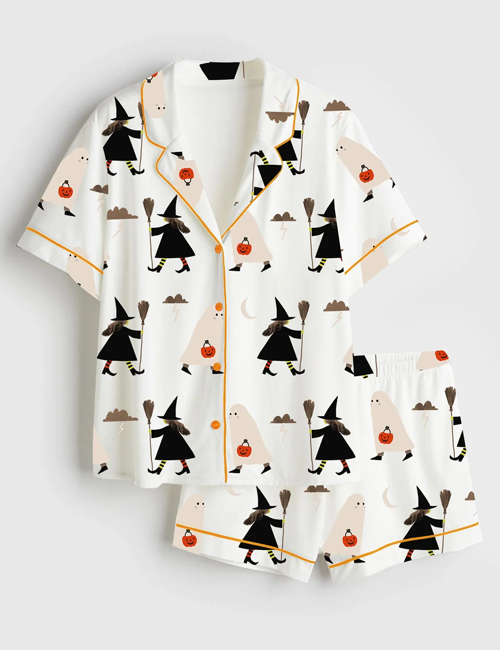 Women’s Halloween Pajama Set – Witch with Broom & Ghost with Pumpkin Satin PJs