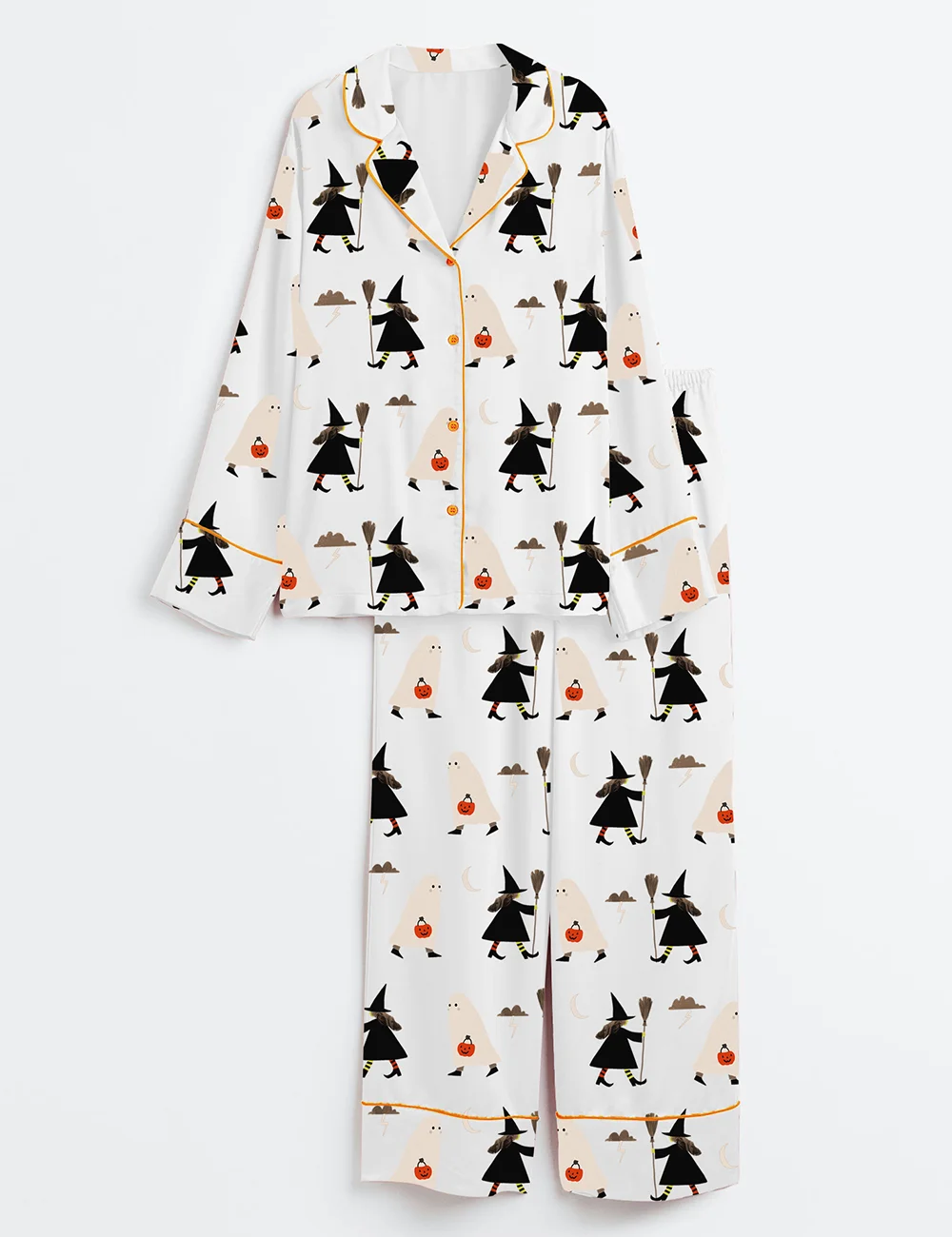 Women’s Halloween Pajama Set – Witch with Broom & Ghost with Pumpkin Satin PJs