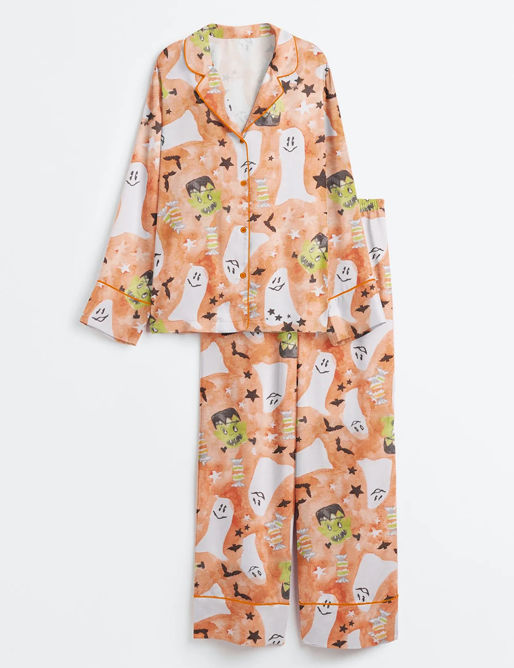 Starry Ghost Spooky Halloween Cute Ghost Aesthetics Pastel Halloween Print Satin Pajama Set