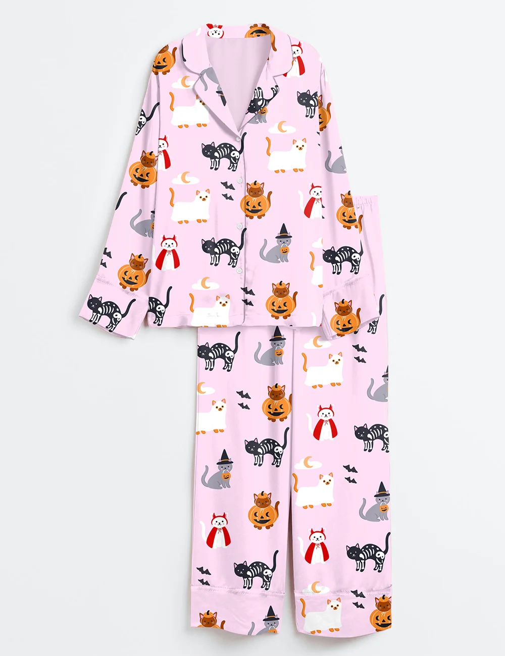 Lil Ghostie Cat & Pumpkin Satin Pajama Set – Halloween PJs