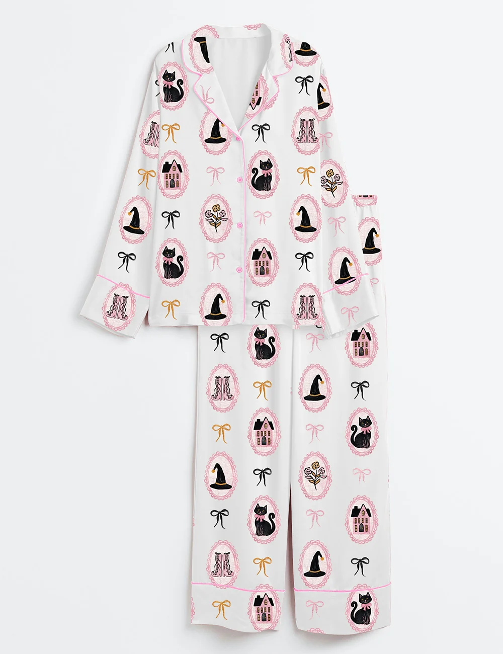 Coquette Bow Black Cat Satin Pajama Set – Cute Pink & Black Halloween PJs