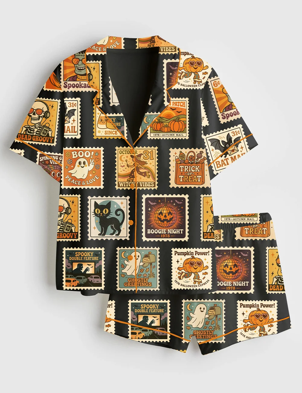 Women’s Vintage Halloween Satin Pajama Set – Pumpkin Postage Stamp Long Sleeve PJs