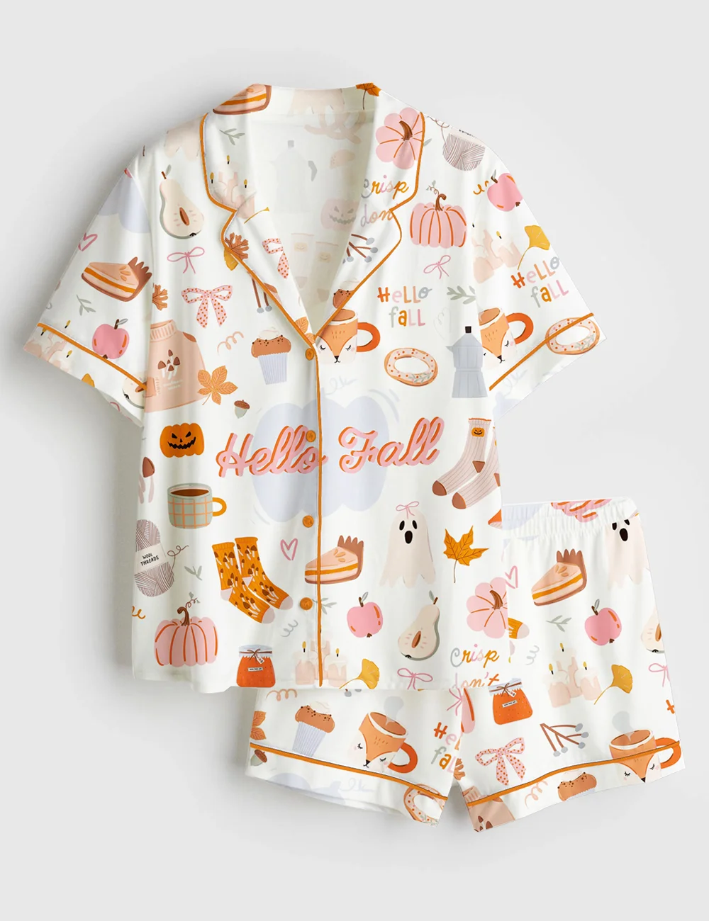 Women’s Fall Cozy Halloween Satin Pajama Set – Pumpkin Spice & Ghost Print