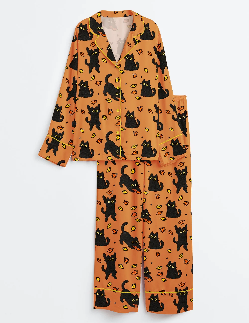 Women’s Black Cat Fall Halloween Satin Pajama Set