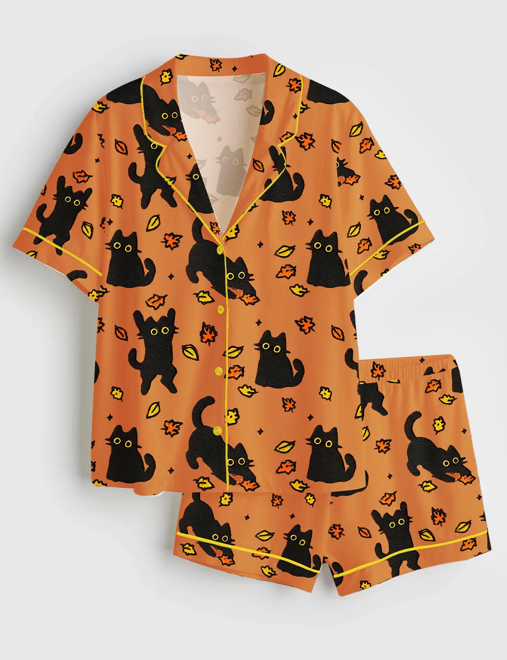 Women’s Black Cat Fall Halloween Satin Pajama Set