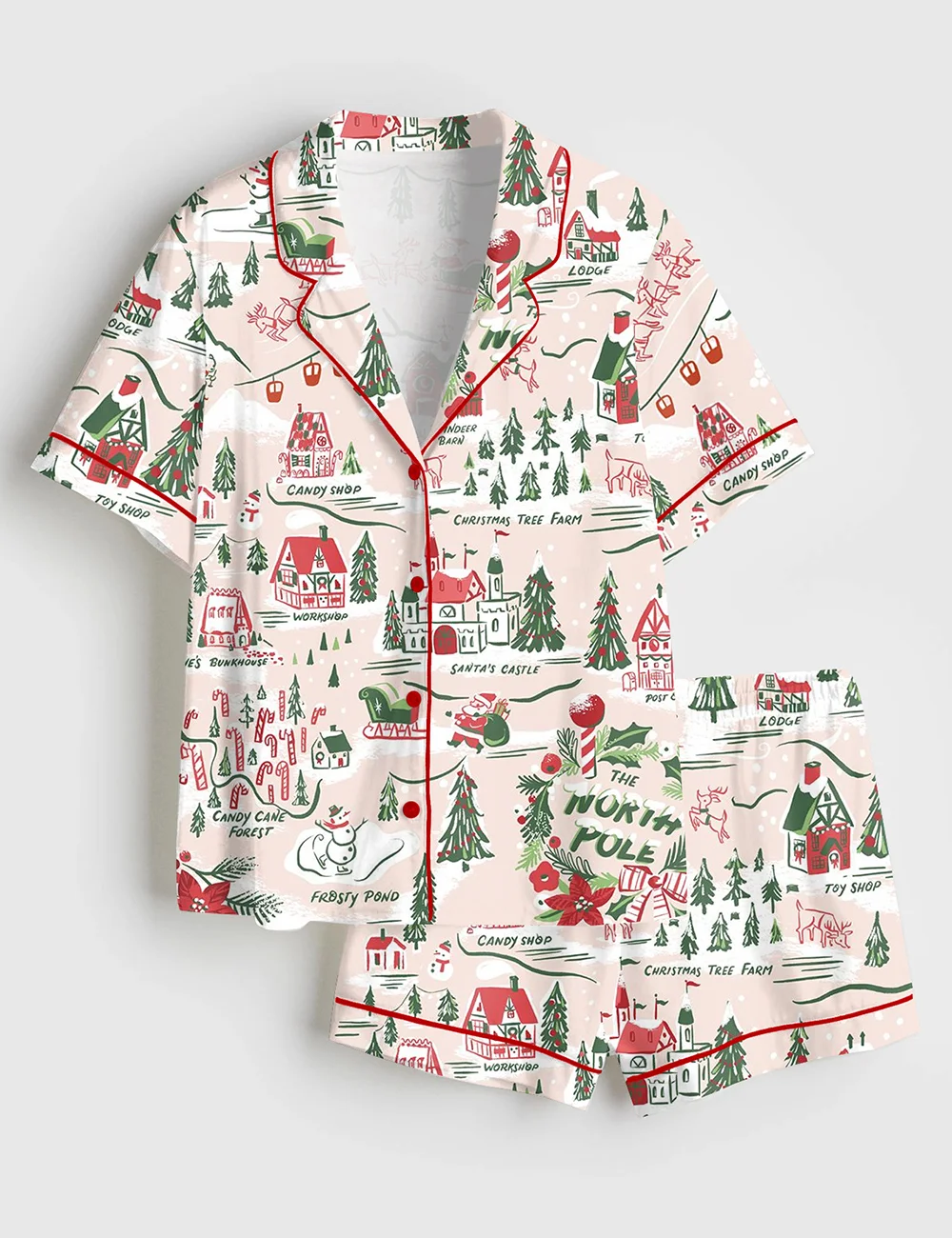 North Pole Village Map Christmas Satin Pajama Set – Retro Holiday PJs