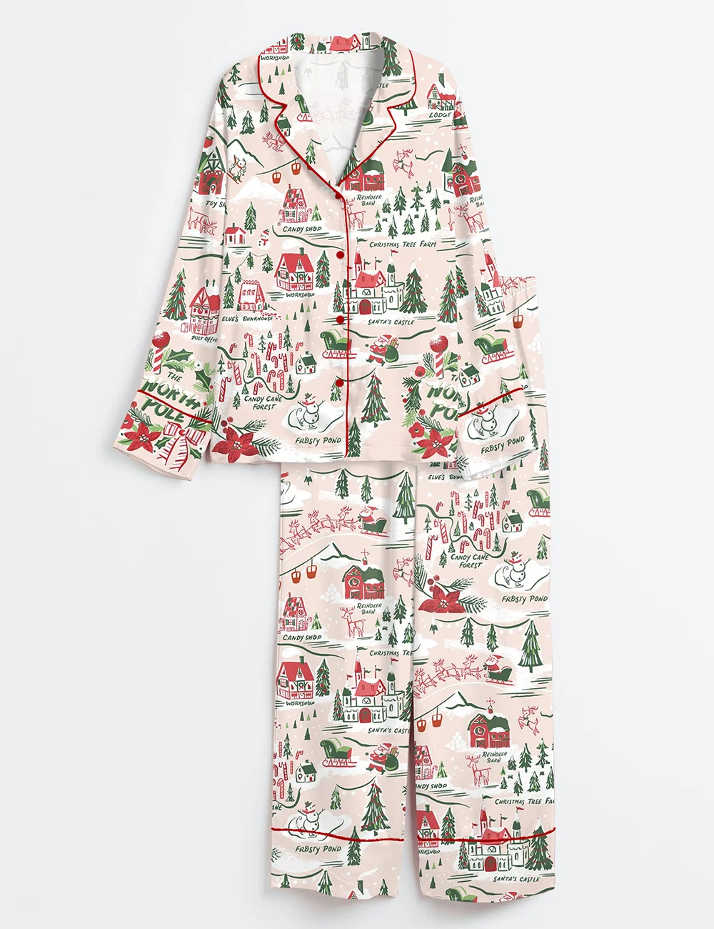 North Pole Village Map Christmas Satin Pajama Set – Retro Holiday PJs