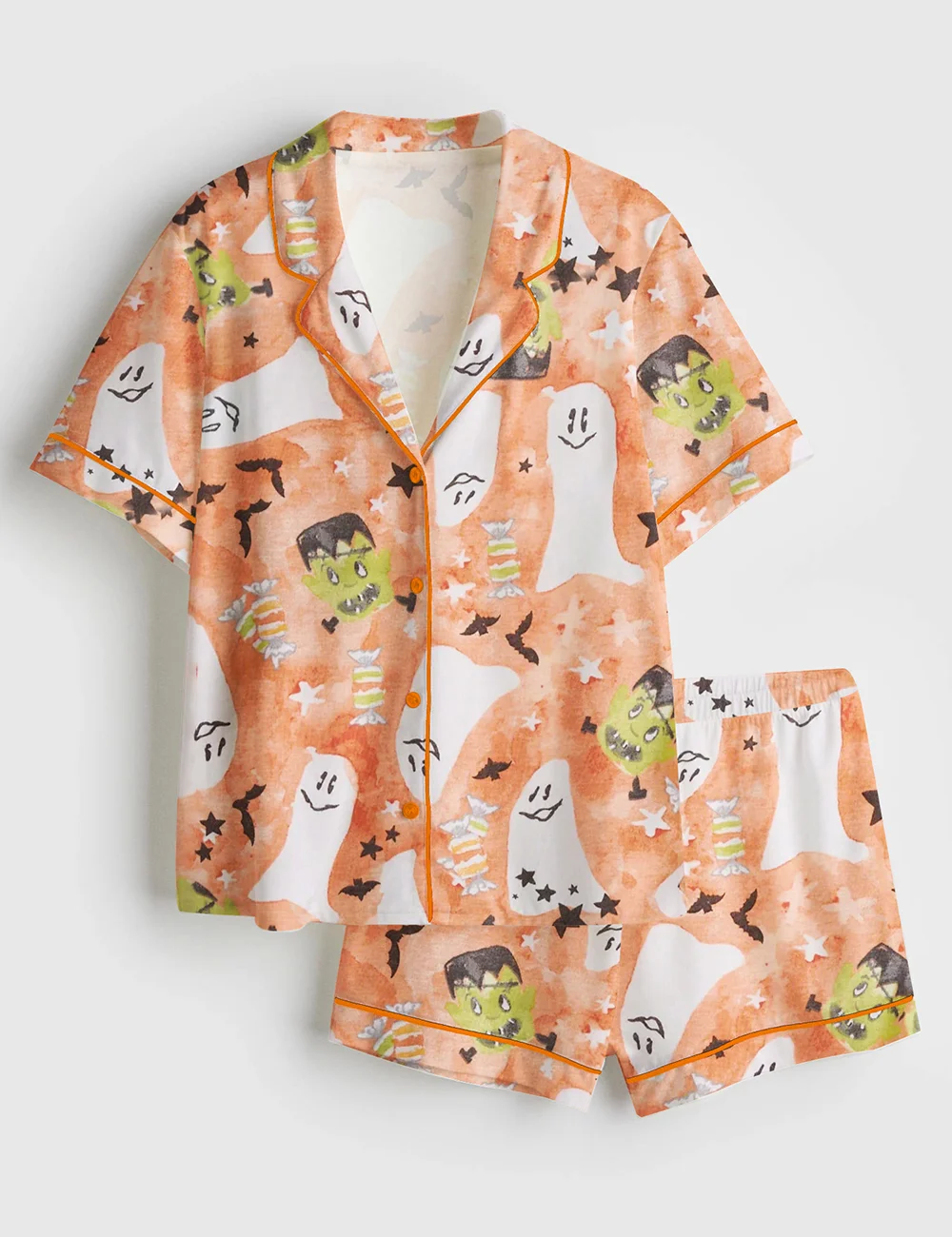 Starry Ghost Spooky Halloween Cute Ghost Aesthetics Pastel Halloween Print Satin Pajama Set