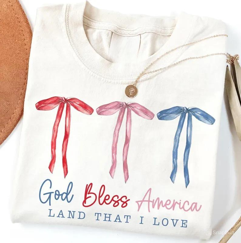 Coquette 4th of July Shirt – God Bless America Bow Tee