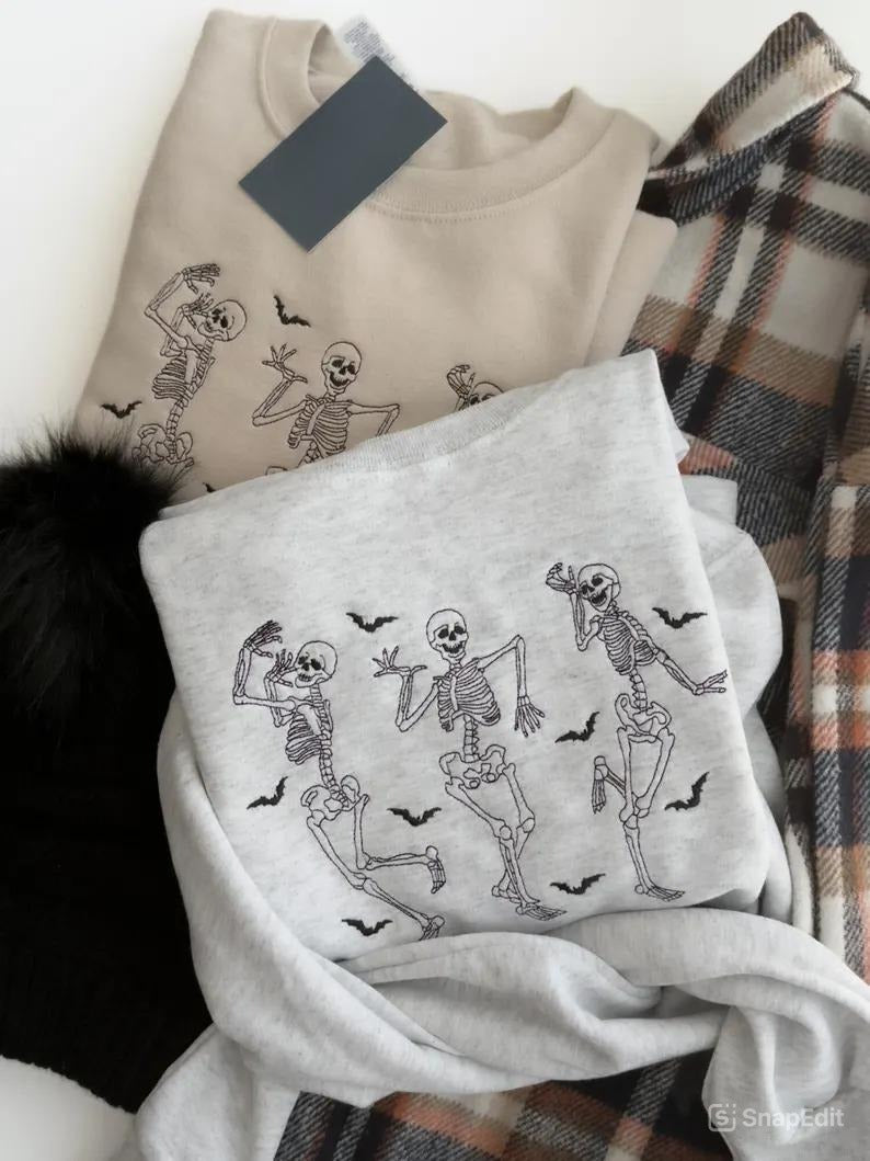Embroidered Dancing Skeletons Halloween Sweatshirt