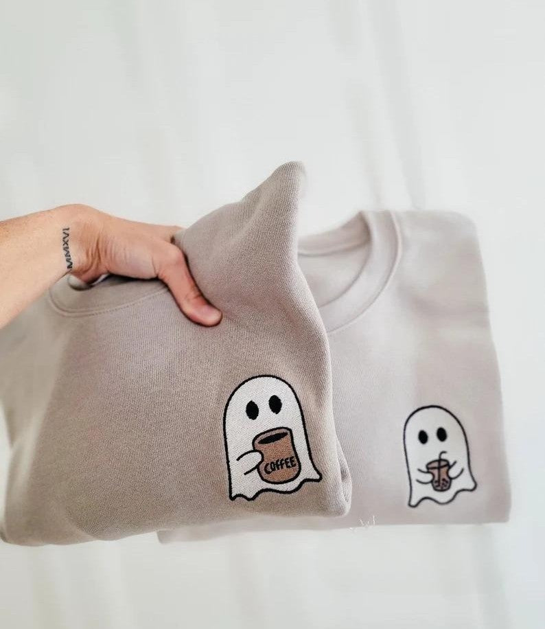Halloween Sweatshirt – Cute Ghost with Coffee Embroidered Crew