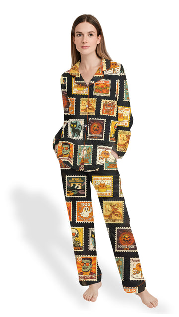 Women’s Vintage Halloween Postage Stamp Pajama Set – Spooky Pumpkins Satin Sleepwear