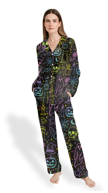Women’s Halloween Neon Boo Ghost Pajama Set-Coquette Spooky Season Horror Movie Horror Night