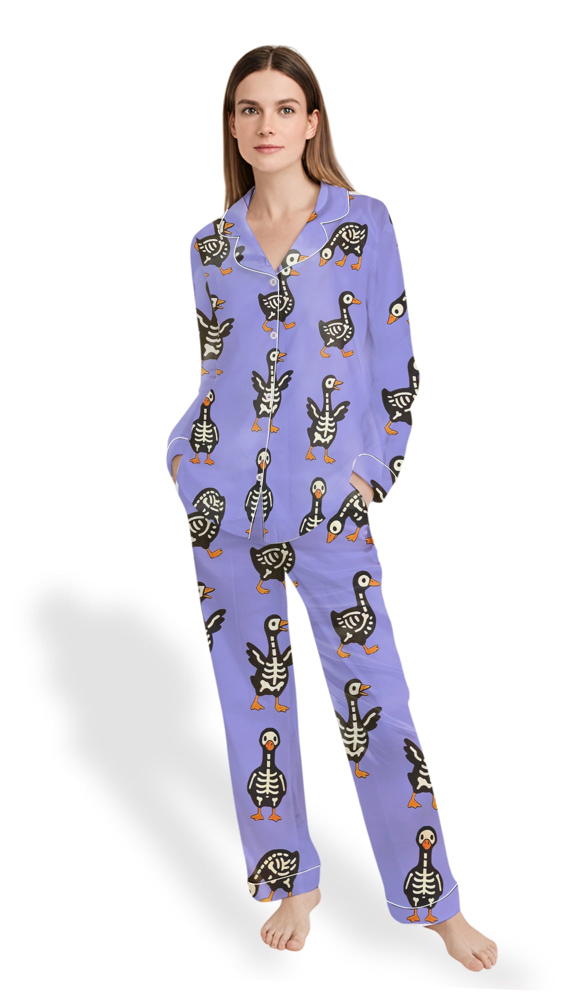 Women’s Skull Duck Pajama Set – Halloween Skull Goose Satin PJs